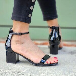 Women Ankle Straps Low Chunky Heels Sandals Black Color